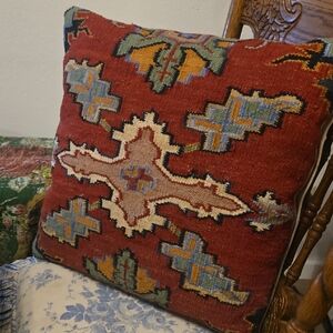 Pottery Barn Southwestern Tribal Kilim Pillow - Red Ivory Black Wool - 18” x 18”